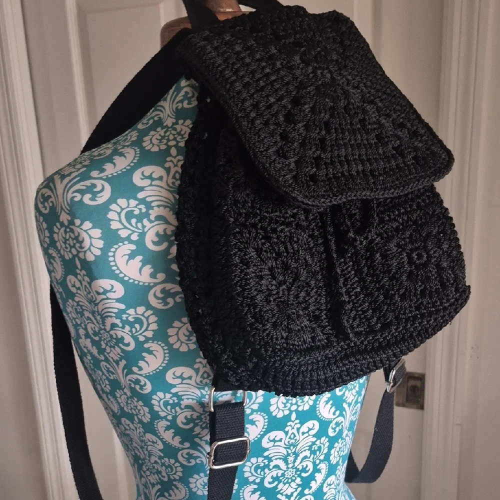 Black Crochet Backpack - Women's Casual Shoulder Bag